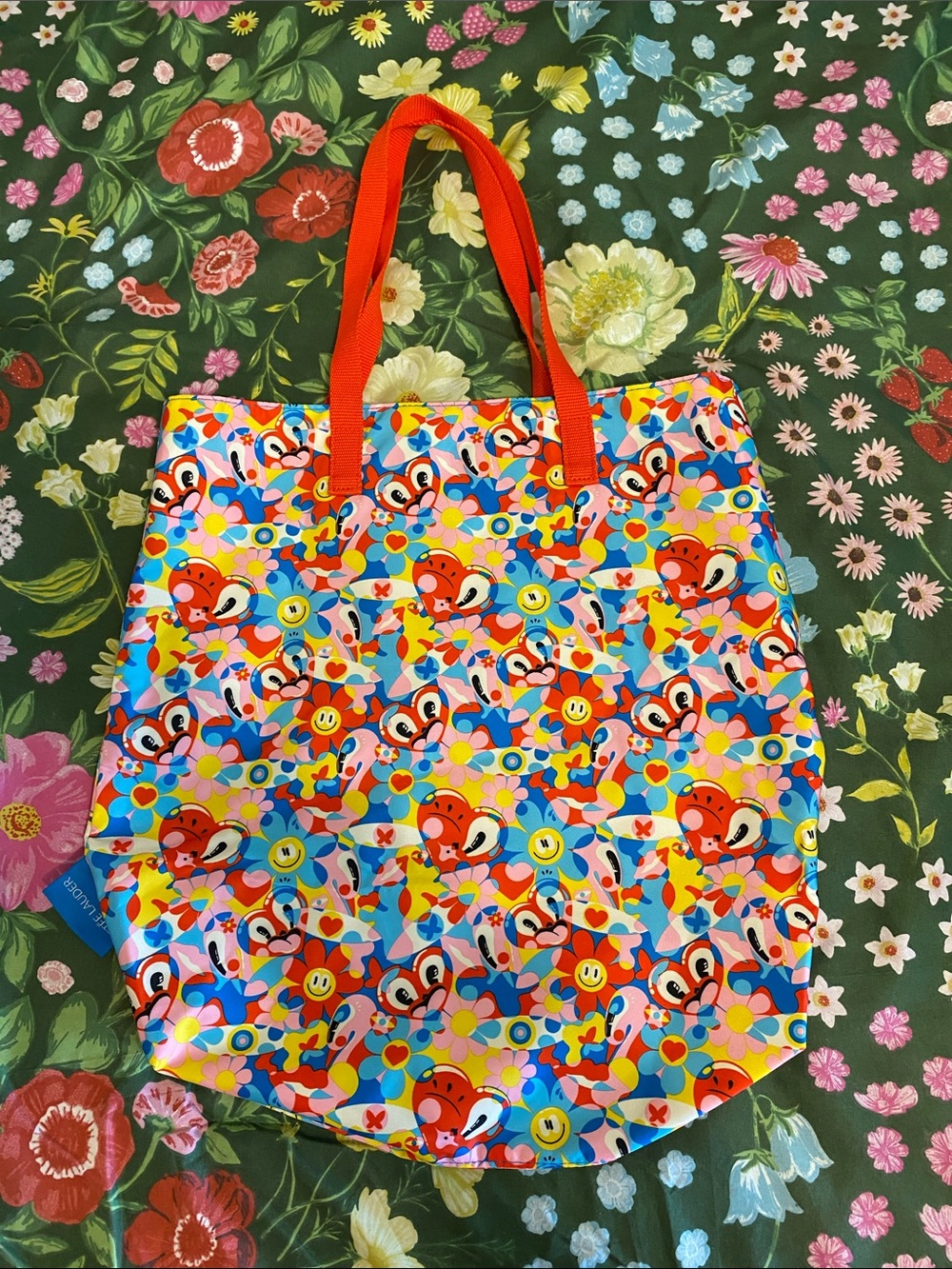 Estee Lauder Multicolor Floral & Smile Print Tote with Orange Handles